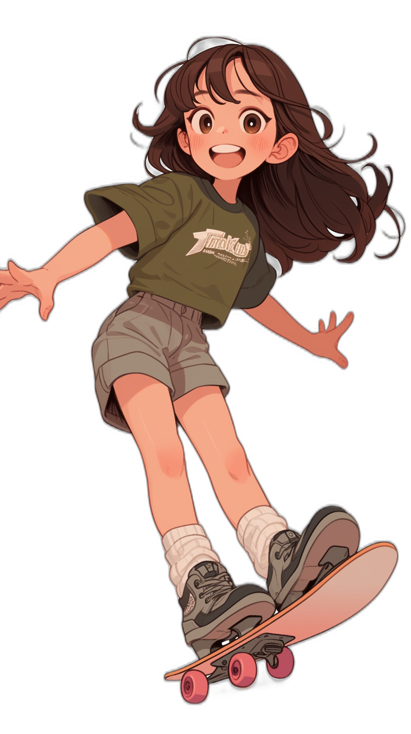 A girl with brown hair and bangs is riding on her skateboard, wearing shorts, a t-shirt, and shoes. The art is in the cartoon style with a black background and cute anime character design. It is a full body portrait illustration in high quality with detailed details and high resolution.