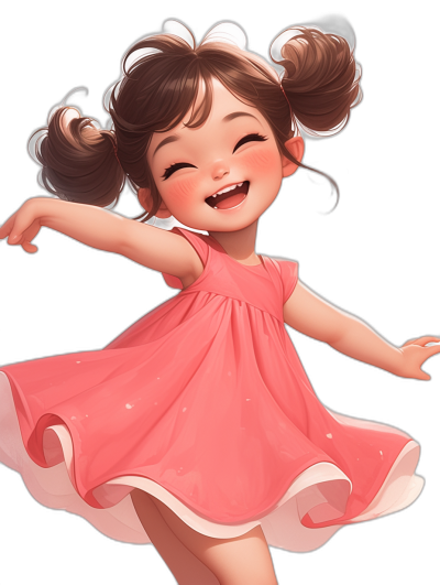 Cartoon style, cute little girl with pigtails wearing a pink dress dancing and laughing against a black background, with high quality details in the style of [Artgerm](https://goo.gl/search?artist%20Artgerm)'s chibi style.