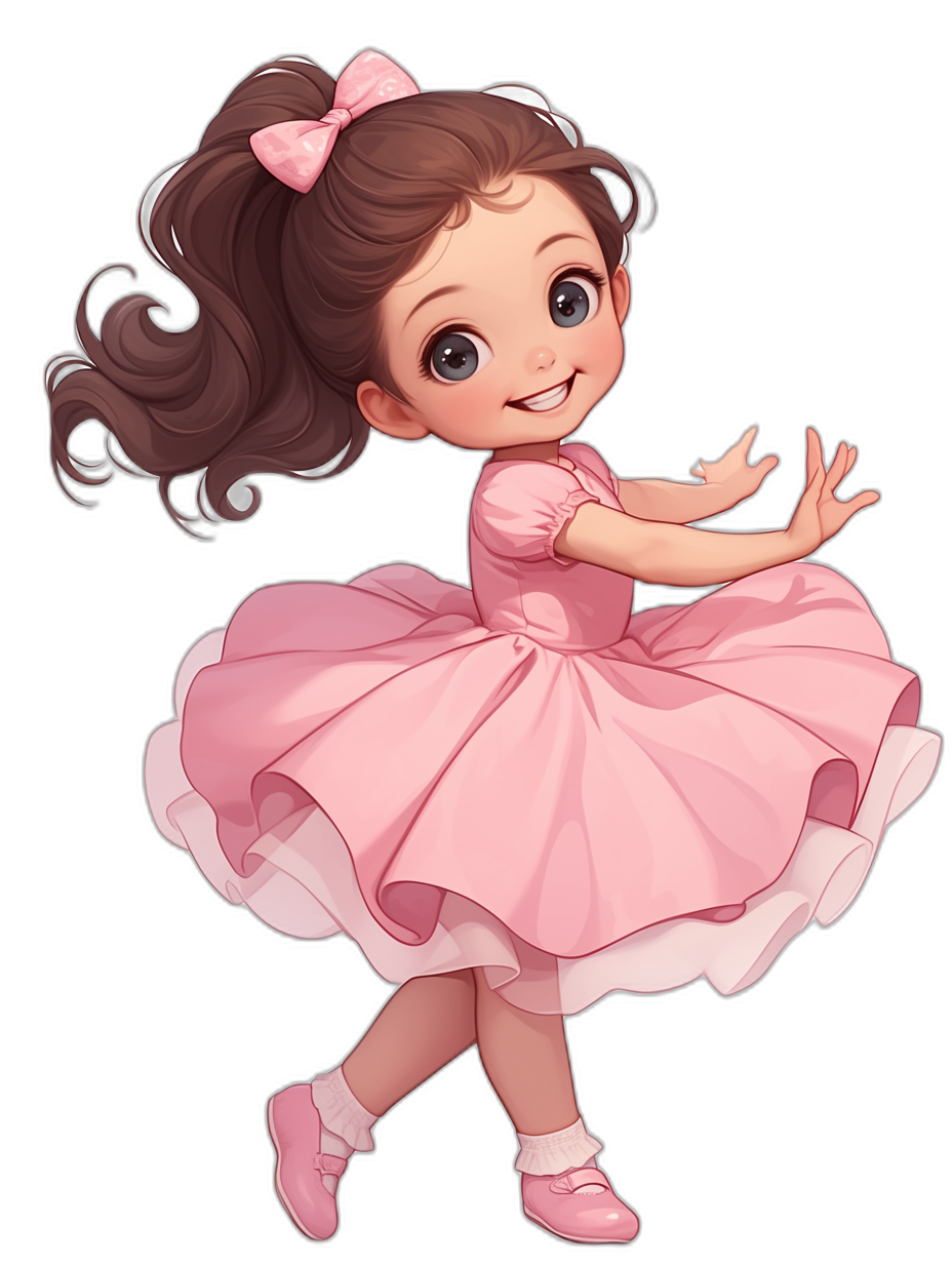 A cute little girl wearing a pink dress and shoes, with brown hair in a ponytail and a bow on top of her head, smiling happily and dancing in a ballet pose against a black background. The character design is in the style of Disney with a chibi art style and a full body shot at high resolution.