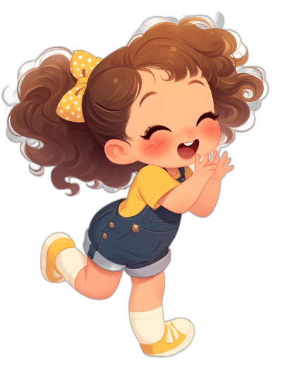 A cute little girl with curly brown hair, wearing overalls and yellow shoes, laughing heartily while running. The illustration is in the style of Chibi anime characters, created using digital art techniques on a black background. Her eyes sparkle as she frolics joyfully. She has large, bright cheeks that give her face an adorable roundness. A cheerful bow adorns one side of her head, adding to its charm. She wears white socks under blue denim shorts.