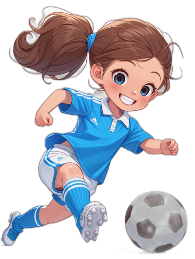 An illustration of a cute chibi girl in a blue and white soccer uniform, with pigtails playing football on a black background. She is smiling at the camera while kicking a ball. The character should have detailed features including shiny eyes and hair that flows down to her back. In the style of Japanese anime. Isolated on a black background.