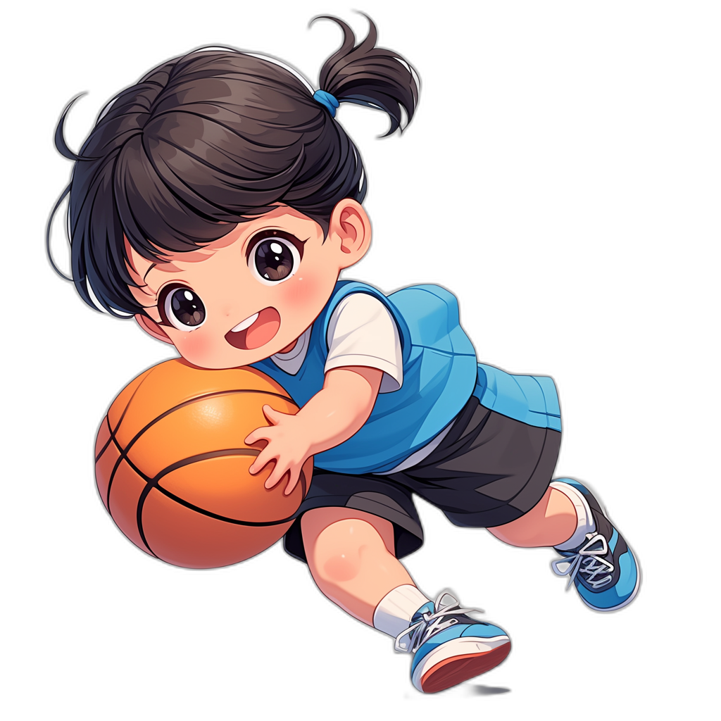 A cute little girl in a blue and white basketball uniform is playing with the ball in a vector illustration style against a black background. The cartoon character design is high quality, high detail, and high resolution with a chibi anime and cute face expression. She has perfect hands and is wearing sneakers and sports  with black hair in a ponytail hairstyle. She is holding the basketball under her arm in a jumping pose in high definition.