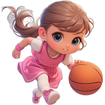 Cute little girl in a pink dress playing basketball in the style of chibi, vector illustration on a black background, cute cartoon character design for 2D game art, high resolution, high quality, high detail, high definition, high sharpness, high dynamic range, high contrast, high saturation, high color film.