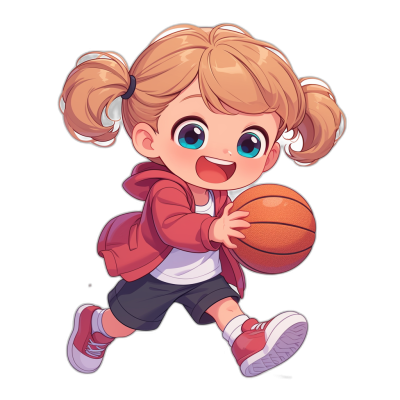 A cute chibi girl playing basketball in a vector art sticker design with simple shapes and flat colors on a black background in the style of simple shading and a cartoon style with simple lines like a digital drawing and simple details. She has white shoes and a red jacket with blonde hair in pigtails and bangs and blue eyes, smiling with her mouth open showing teeth. She is holding an orange ball with a light brown gradient color from dark to bright. She has small pink ponytails on the side of her head.