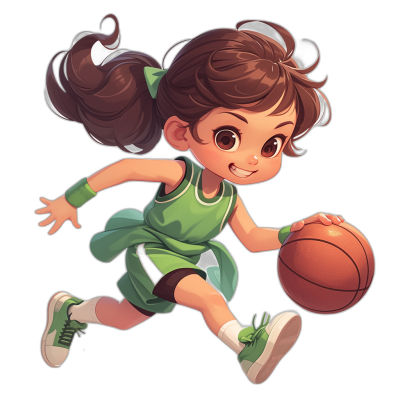 A cute little girl in a green dress playing basketball in a full body portrait with legs and shoes in the style of chibi style, character design for a mobile game on a black background, vector illustration in a cartoon style, with a cute face expression, big brown eyes, brown hair in a ponytail hairstyle, white sneakers, colorful sports uniform accessories, in a dynamic pose running and holding a ball in her hand, with studio lighting.