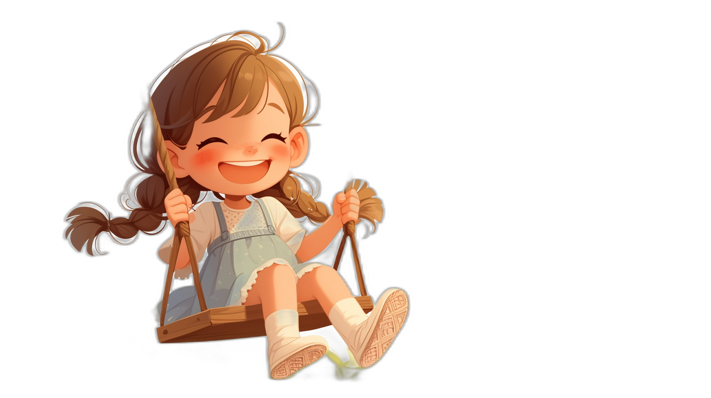 A cute smiling girl is sitting on the swing with a simple black background in the 2D game art style of cartoon realism. The illustration features bold and vibrant primary colors in a flat style with high resolution and details showing a full body portrait of a cute doll. She has white shoes, cute little braids of hair, and white socks.