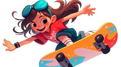 A cartoon girl is skateboarding, with an illustrated style and colorful colors on the skateboard, wearing goggles and a red short-sleeved shirt. She has long brown hair tied in pigtails, against a black background, in the 2D game art design style, and at a high definition resolution.