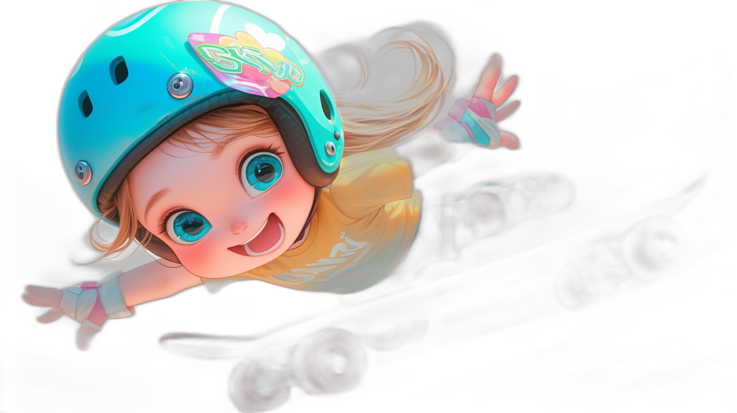 A cute baby girl with big blue eyes wearing a helmet and roller skates doing skateboard tricks in the air against a black background, in the style of Disney Pixar cartoon, with an adorable face and cheerful colors, digital art.