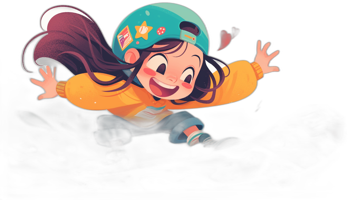 A cute little girl is wearing an adorable skateboard helmet and riding on the dark background, cartoon style, colorful animation stills, high resolution, happycore, closeup, cartoonish character design, Pixarstyle illustration, jumping up with her hands outstretched smiling, in full body, yellow tshirt and blue pants, dark black background, white outline, 2d game art, pixar, 3D render, octane rendering, c4 coloring, high detail, high quality