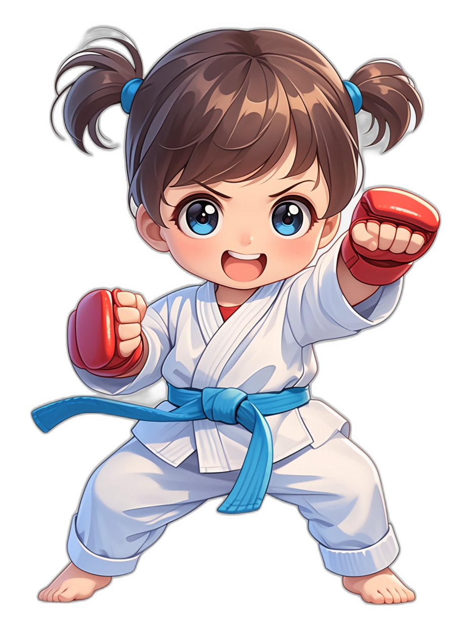 Cute little girl in a karate outfit doing martial arts moves with her full body. This character design is for a mobile game and features a chibi style with cute anime eyes on a black background. She wears a blue belt around her waist and red gloves on her hands. Her white uniform has long sleeves and pants. She has a ponytail hairstyle and is in a dynamic pose with a happy expression.