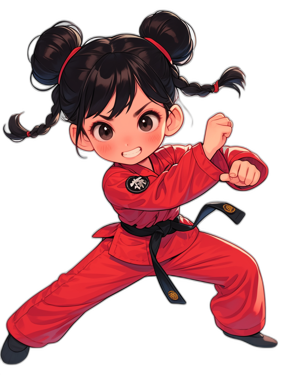 A cute little girl with black hair in pigtails, wearing a red karate outfit and ready in a fighting pose, in the anime style, with a chibi character design, in a full body shot, as vector art, on a black background, with high contrast, high resolution, high detail, as 2D, with flat colors, like a digital painting, with vibrant colors, with studio lighting, with cinematic lighting, from a low angle camera view, in an ultra realistic style, with no blur or grain.