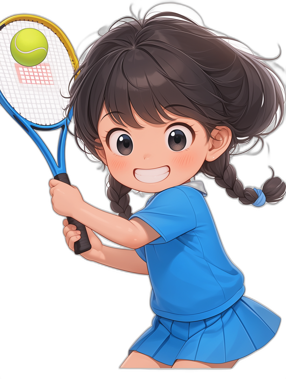 A cute little girl with black hair, playing tennis in blue and smiling happily. She is wearing an illustration of her face in the style of anime, holding the racket and hitting it hard. The background color should be pure black to highlight her character. She has two braids on both sides of her head. The illustration is in the style of anime and chibi, with a pure black background.