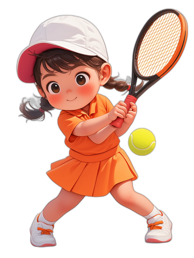 A cute little girl playing tennis, wearing an orange dress and white cap with pigtails, hitting the ball back in the style of a realistic cartoon on a black background. She has brown hair and is holding a racket with both hands. The character should have bright colors, detailed facial features, large eyes, small nose, full lips, dressed for sporty attire, sneakers on her feet, holding a racquet, and posing dynamically as if she's about ready to hit the shot of a tennis ball. Full body view. Isolated on a black background.