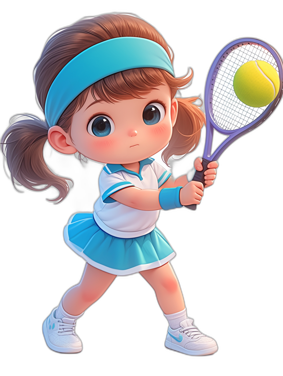 cute little girl playing tennis, blue and white outfit, chibi style, character design for a mobile game on a black background, holding a racket with her right hand, wearing a headband.