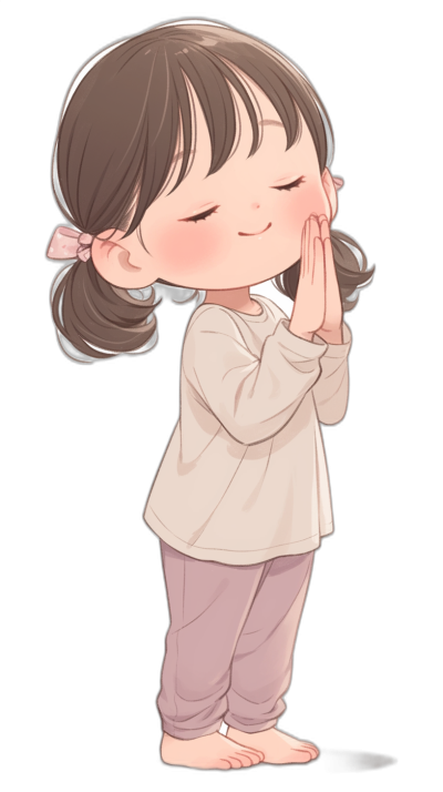 A cute little girl, wearing a light gray long-sleeved shirt and pink pants on a black background, hands clasped together in prayer with closed eyes, in the style of a Chinese cartoon with simple lines and a chibi character design, a full body portrait with a cute expression, in the Qversion hand-drawn illustration style, on a pure black background.