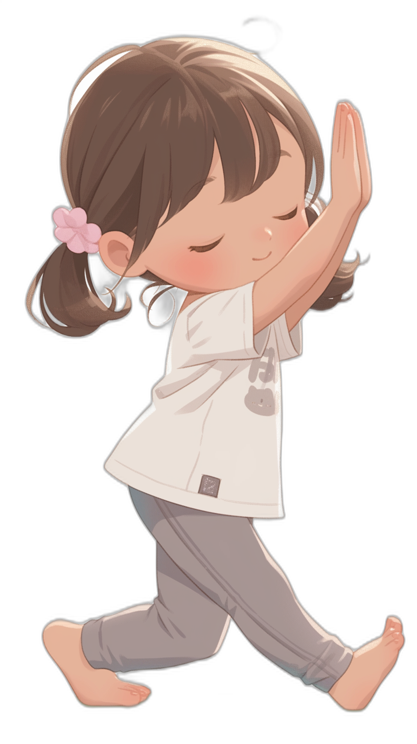 A cute little girl doing yoga, wearing white tshirt and grey pants, with hands up in front of her face, smiling, side view, full body, simple chibi anime style drawing on black background, no shadow, cute, kawaii, [Katsuya Terada](https://goo.gl/search?artist%20Katsuya%20Terada) illustration, soft pastel color palette, minimalistic, simple, digital art, high resolution, no blur, sharp focus,