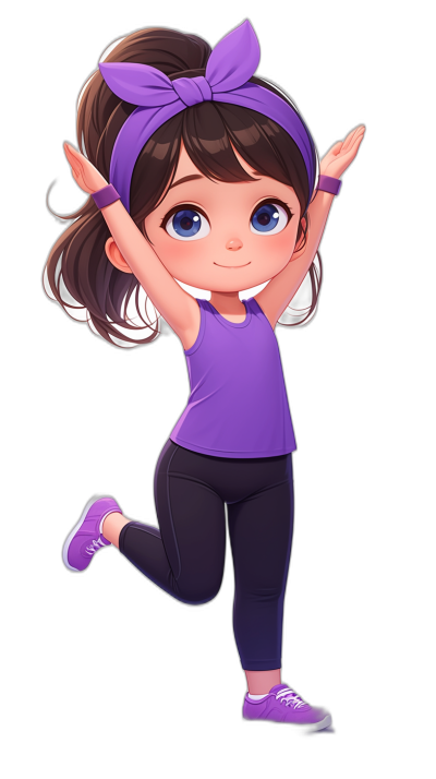 A cute little girl with dark brown hair in pigtails, big blue eyes and wearing purple sneakers is doing the jumping jacks pose, she's smiling and has her hands up to the camera, in the style of a chibi character on a black background, in a cartoon artstyle.