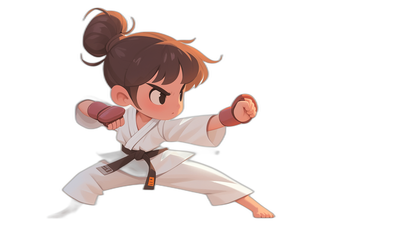 chibi young girl doing karate, full body, black background, in the style of game art