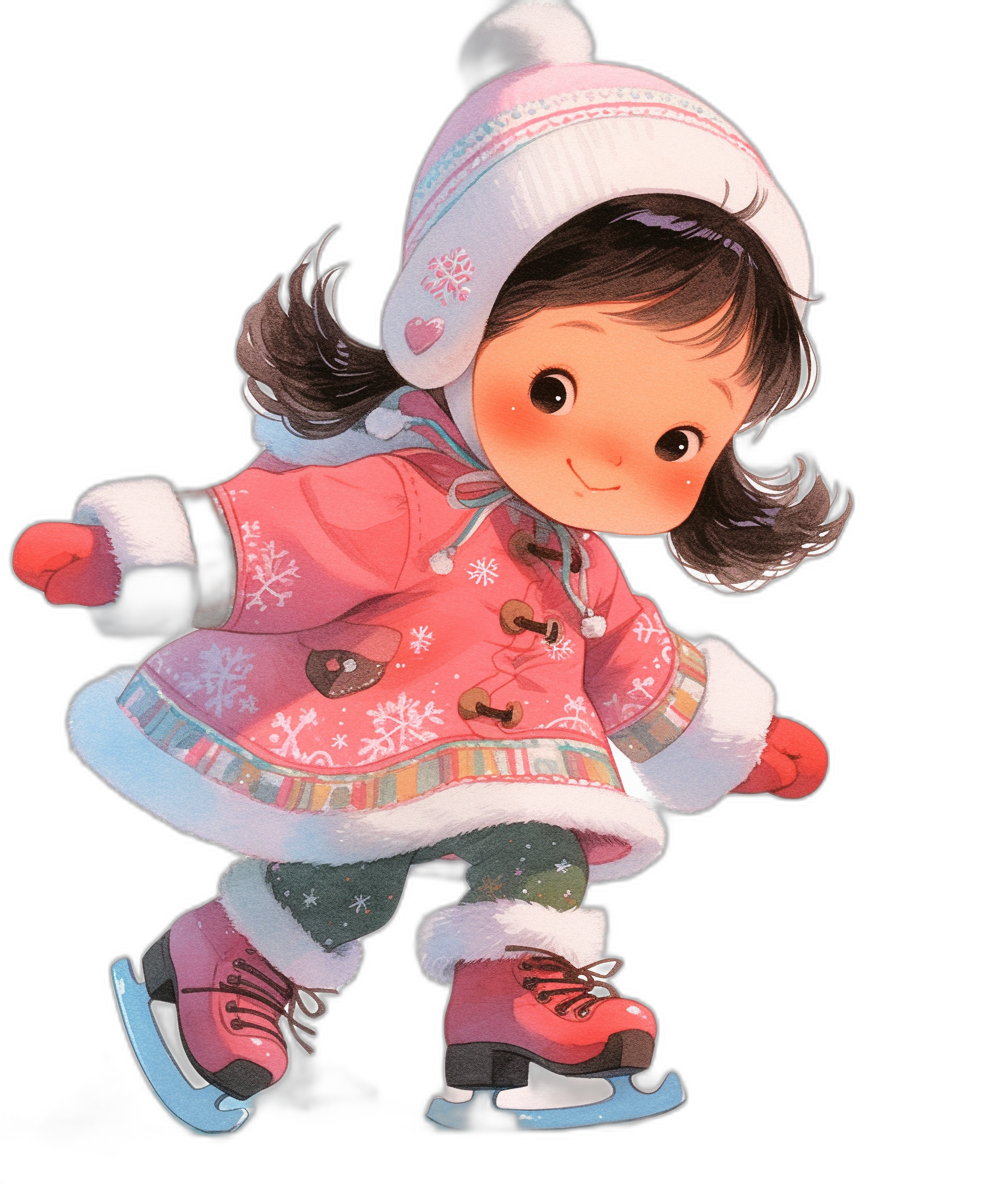 A cute little girl in a pink and white snow suit with black hair is ice skating, wearing a hat and gloves, in the style of clipart on a pure black background, digital art in the style of Disney Pixar studio, adorable, intricately detailed, photorealistic, cinematic lighting, bright colors, a happy expression, full body shot.