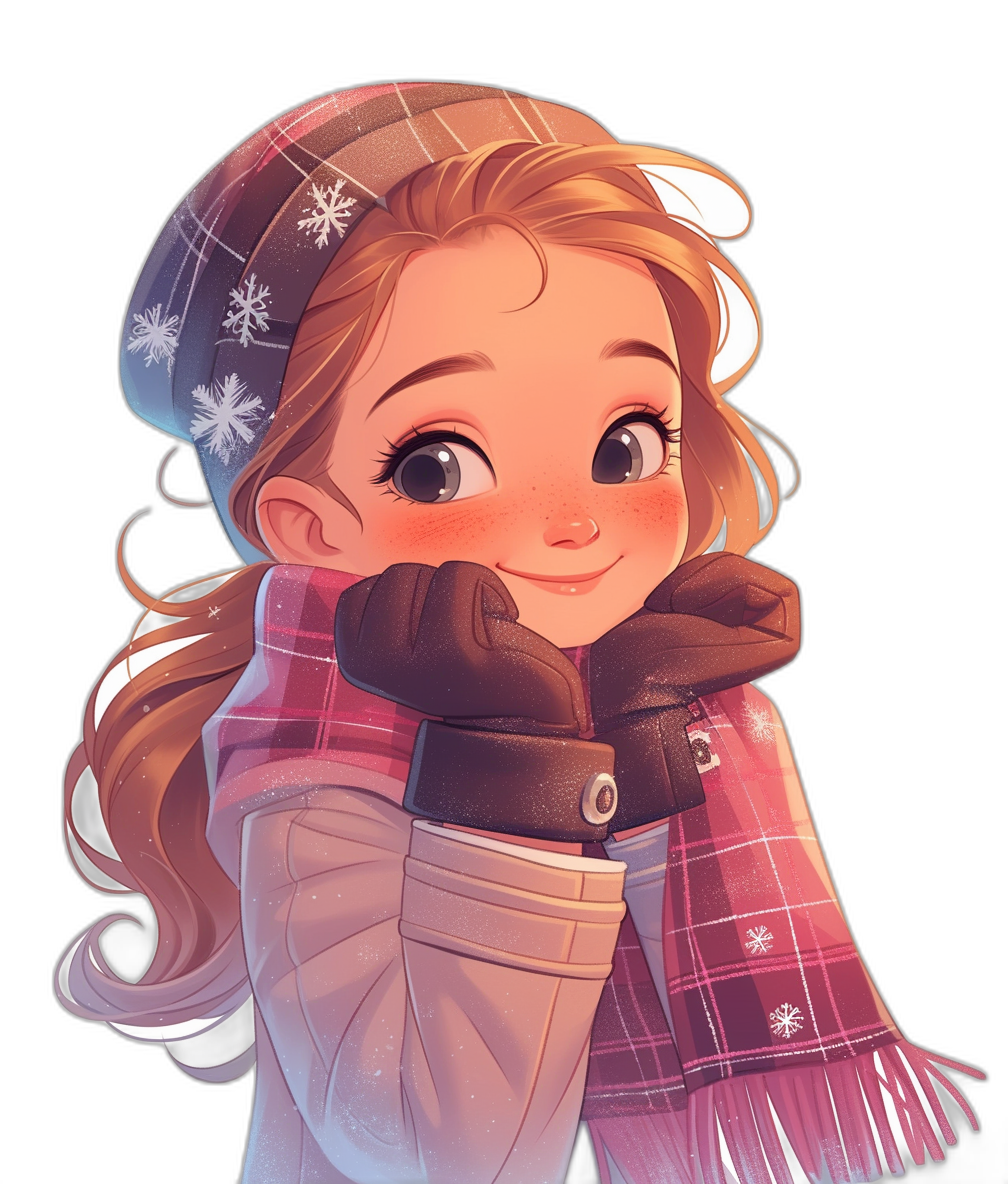 A cute smiling girl in winter with gloves and scarf, plaid hat, black background, cartoon style, Disney Pixar style, digital art in the style of [Artgerm](https://goo.gl/search?artist%20Artgerm), portrait of Anna from the Frozen movie, disney animation style