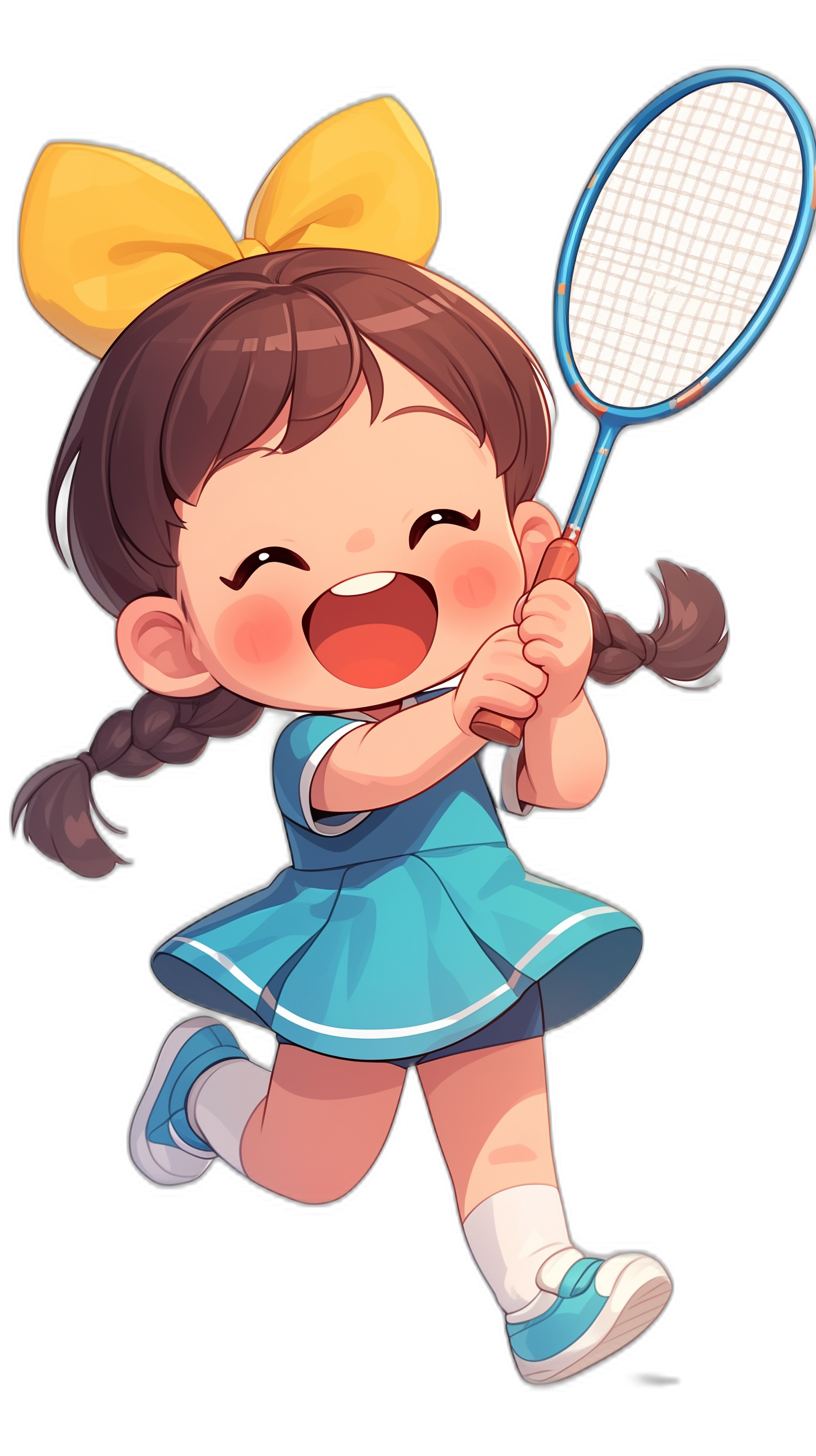 A cute little girl playing badminton, smiling happily with her eyes closed and holding the racket in both hands. She is wearing blue short sleeves and white shoes on a black background, in the style of a vector illustration, flat design, chibi character, 2D game art, cartoon anime. The color scheme of  includes yellow hair ribbons and pink cheeks. It is high resolution, high detail, high quality, high contrast, with bright colors, vivid tones, and lively expressions.