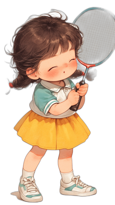 Cute little girl playing badminton, full body portrait, wearing a yellow skirt and white shoes, with dark brown hair and bangs, holding a racket in her hand, a happy smile, black background, in the style of a cute cartoon, illustration, vector drawing, flat design, high definition resolution, high quality, with high details.