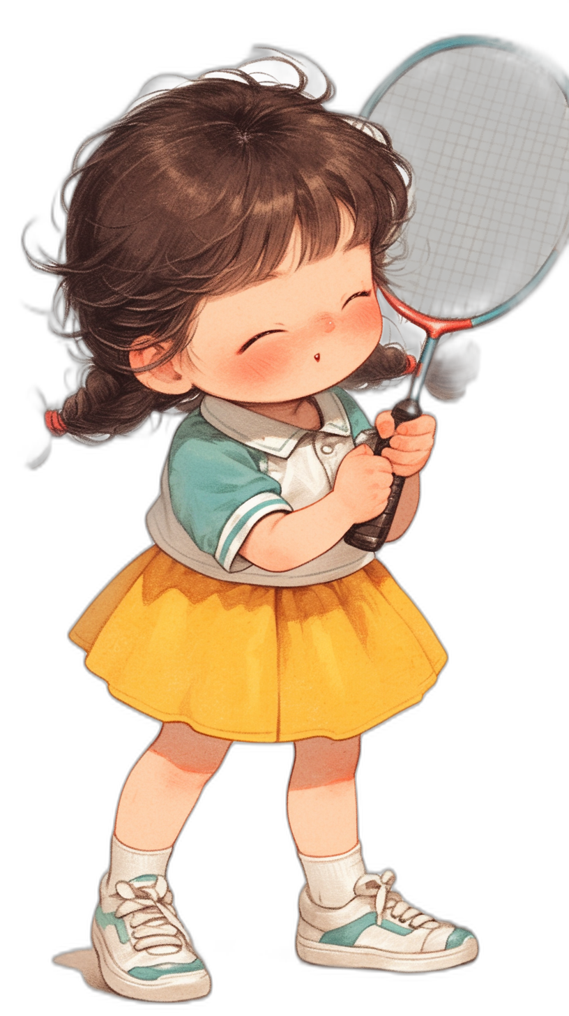 Cute little girl playing badminton, full body portrait, wearing a yellow skirt and white shoes, with dark brown hair and bangs, holding a racket in her hand, a happy smile, black background, in the style of a cute cartoon, illustration, vector drawing, flat design, high definition resolution, high quality, with high details.