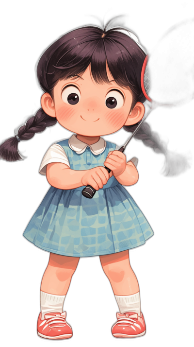 A cute little girl in a blue dress with a white collar, red shoes and two braids holding a badminton racket, with a simple background, black hair, full body portrait, in the style of Japanese animation rendering, with a Qversion manga cartoon character design, high definition wallpaper