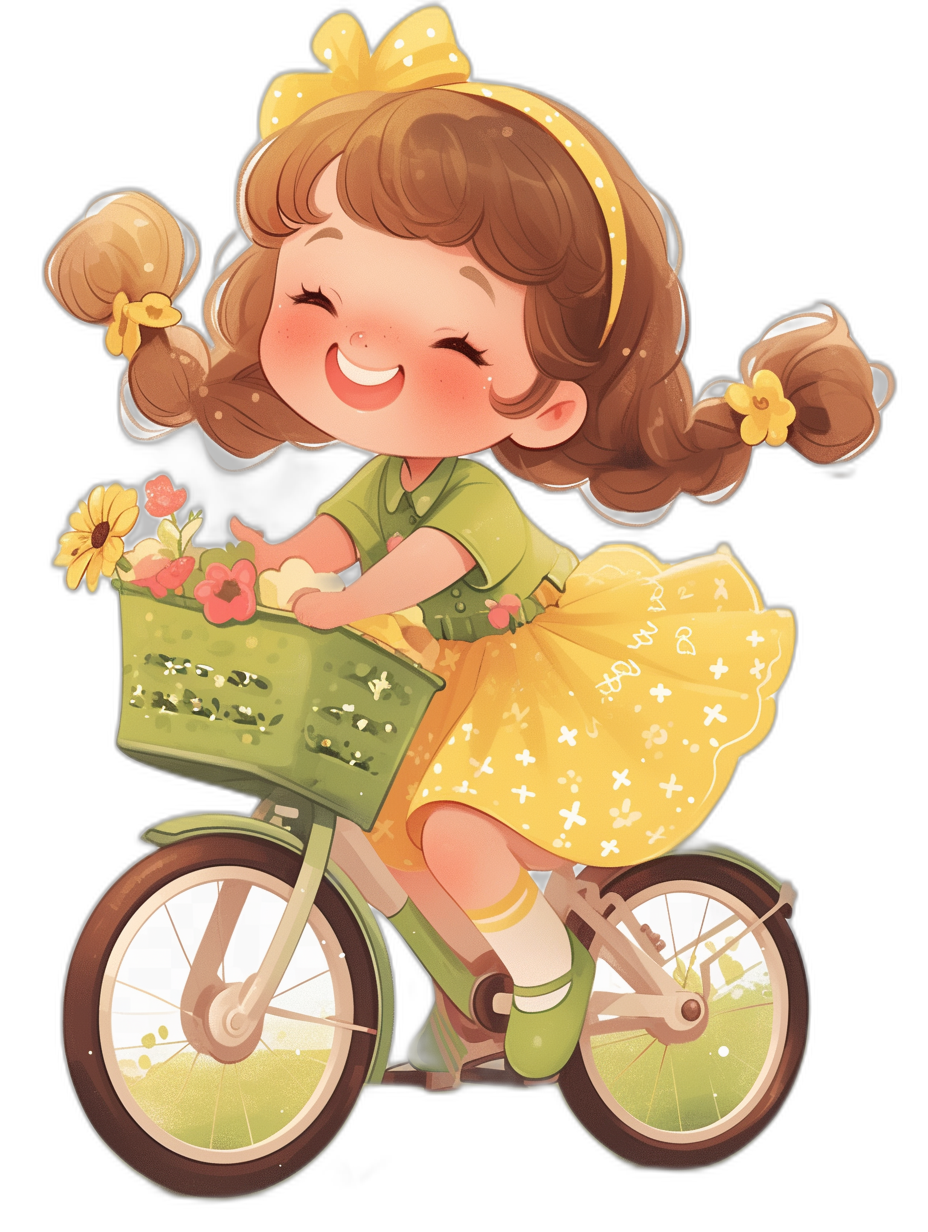 A cute little girl is riding her bike with flowers in the basket, wearing green shoes and a yellow headband on a black background. She has long brown hair tied into pigtails and a big smile in the style of chibi. It is a colorful cartoon illustration. The overall color scheme of her  includes light yellows and greens, with bright colors such as reds or blues used for details.