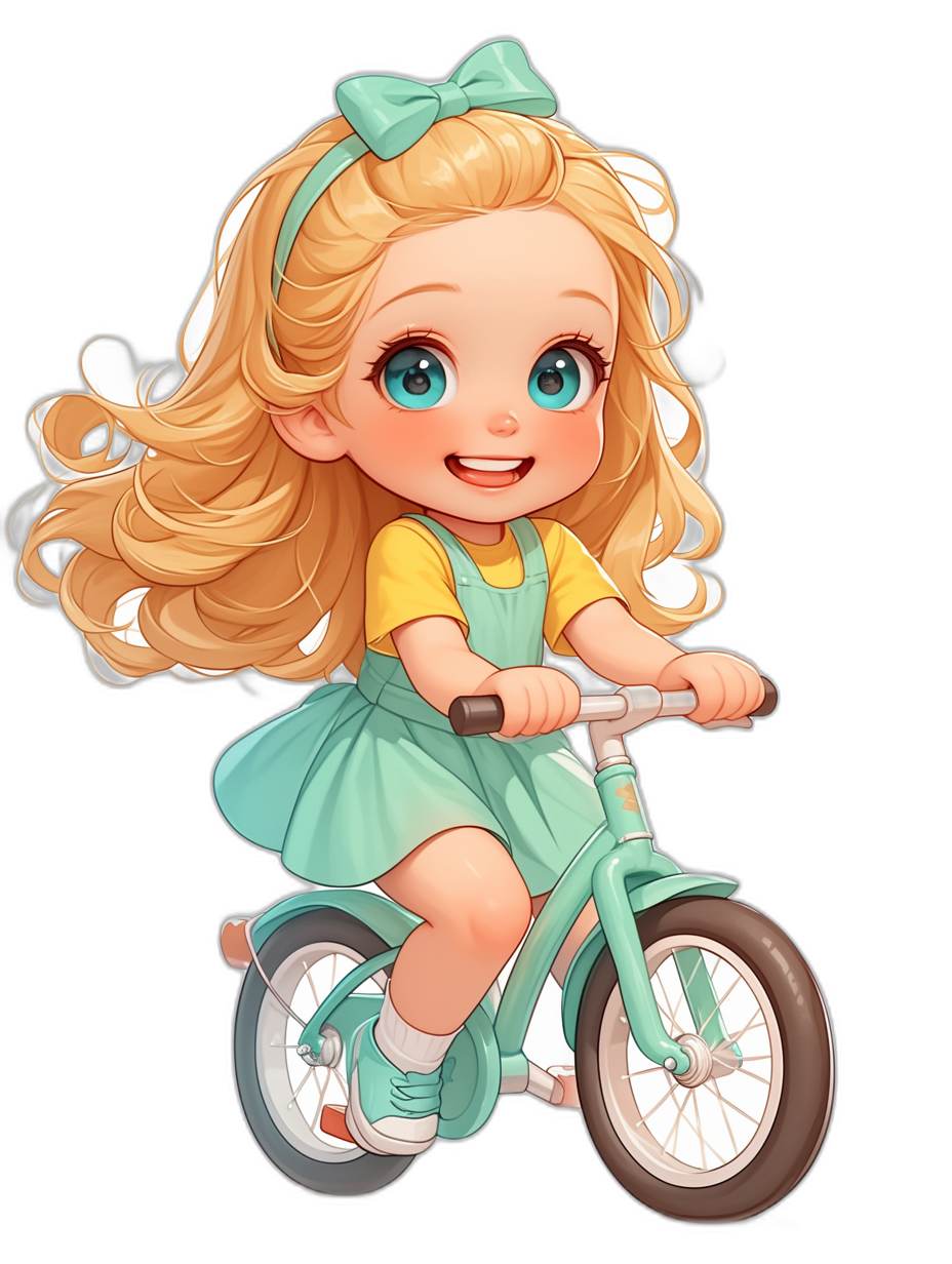 Cute blonde toddler girl with blue eyes and green dress riding her bike on a black background in the style of Disney cartoon character art.