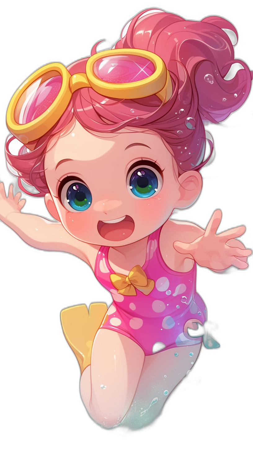 chibi baby girl character, pink hair with pigtails and swimming goggles on top of her head wearing yellow swim shoes and hotpink onepiece pool suit with gold bow in the middle , jumping into water, black background, Disney style cartoon adopts the best painting quality and using the highest definition to present an elegant artistic effect. 32k