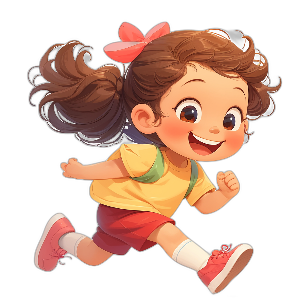 Cute little girl character running, smiling with a happy expression, simple with red shorts, yellow t-shirt, pink shoes, big eyes, long brown hair in a ponytail style with a bow on the side of her head, black background, simple drawing in the style of a Disney Pixar illustration, digital art, high resolution, high detail, high quality, bright colors, white skin color, cute character design as a full body shot with a wide angle lens.