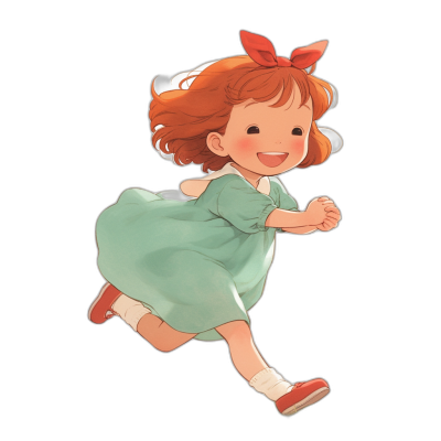 Cute little girl running and smiling, wearing a green dress and red shoes, with short hair tied in an orange bow on her head, simple background, sticker design style, flat illustration with bold outlines, in the style of [Studio Ghibli](https://goo.gl/search?artist%20Studio%20Ghibli), black solid color background with no shadow effect, high resolution. The colors of the character match his skin tone.