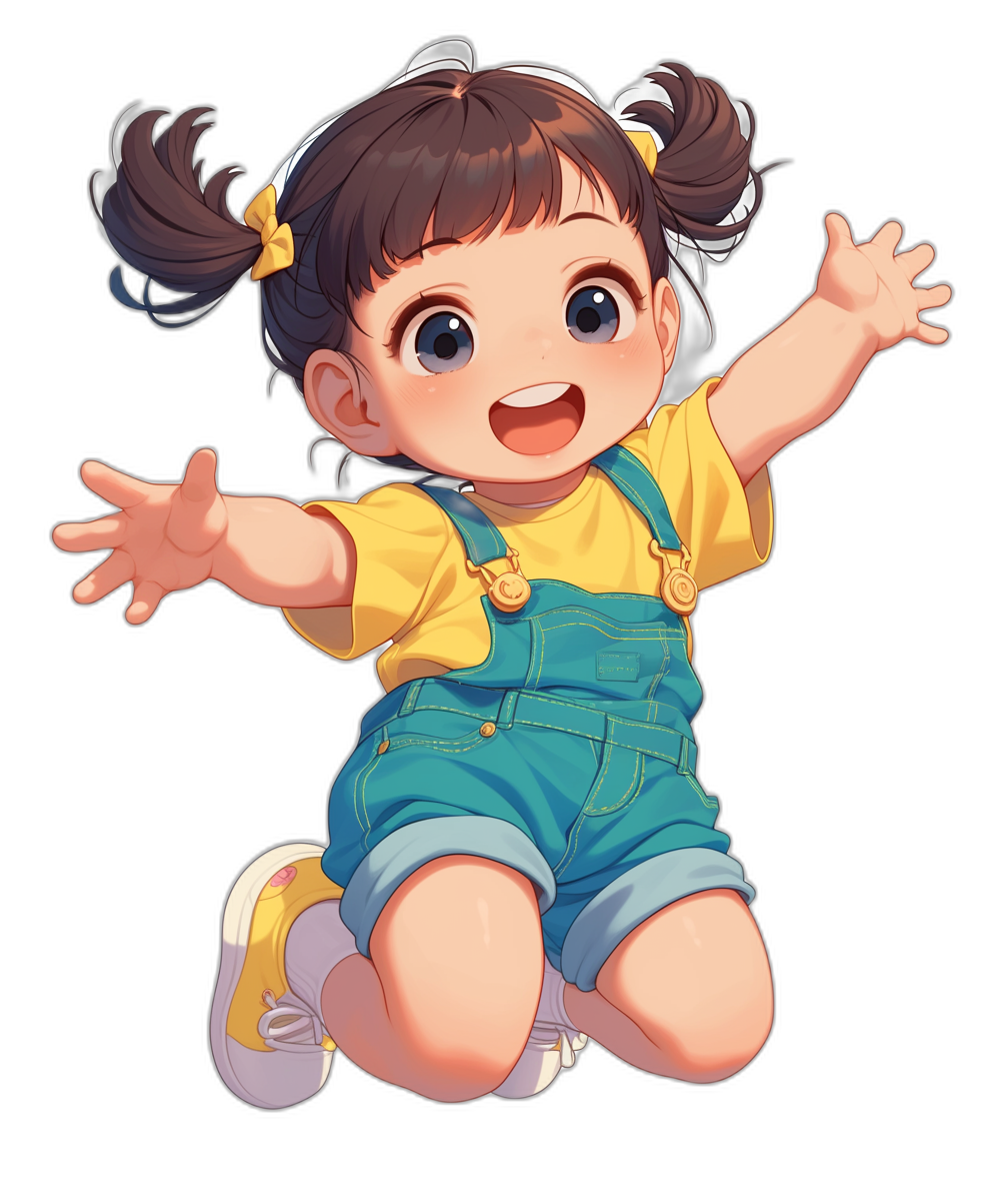 A cute little girl with pigtails wearing overalls and a yellow shirt is jumping up, smiling with a happy expression in a full body portrait against a black background in the style of an anime character design for 2D game art at a high quality.