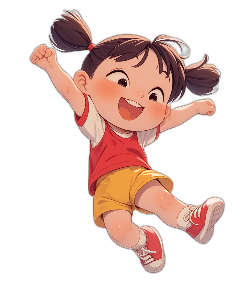 A cute little girl, wearing a red T-shirt and yellow shorts with sneakers on her feet, is jumping up happily. The background of the illustration should be pure black. She has an adorable face, big eyes, double eyelids, pigtails, and a happy expression, in the style of Pixar.