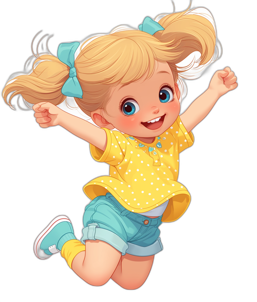 Cute cartoon girl with blonde hair in pigtails, blue eyes and a yellow top with white dots and light denim shorts jumping on a black background in the style of unknown artist.