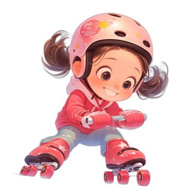 A cute little girl wearing roller skates, a pink helmet and red outfit with a black background. The character design is in the style of Disney Pixar Animation, with a cute cartoon Q version as a full body portrait. She has long hair tied back into two ponytails, big eyes, a happy expression and is smiling. High definition details, high resolution and full colors in a cartoon illustration style.