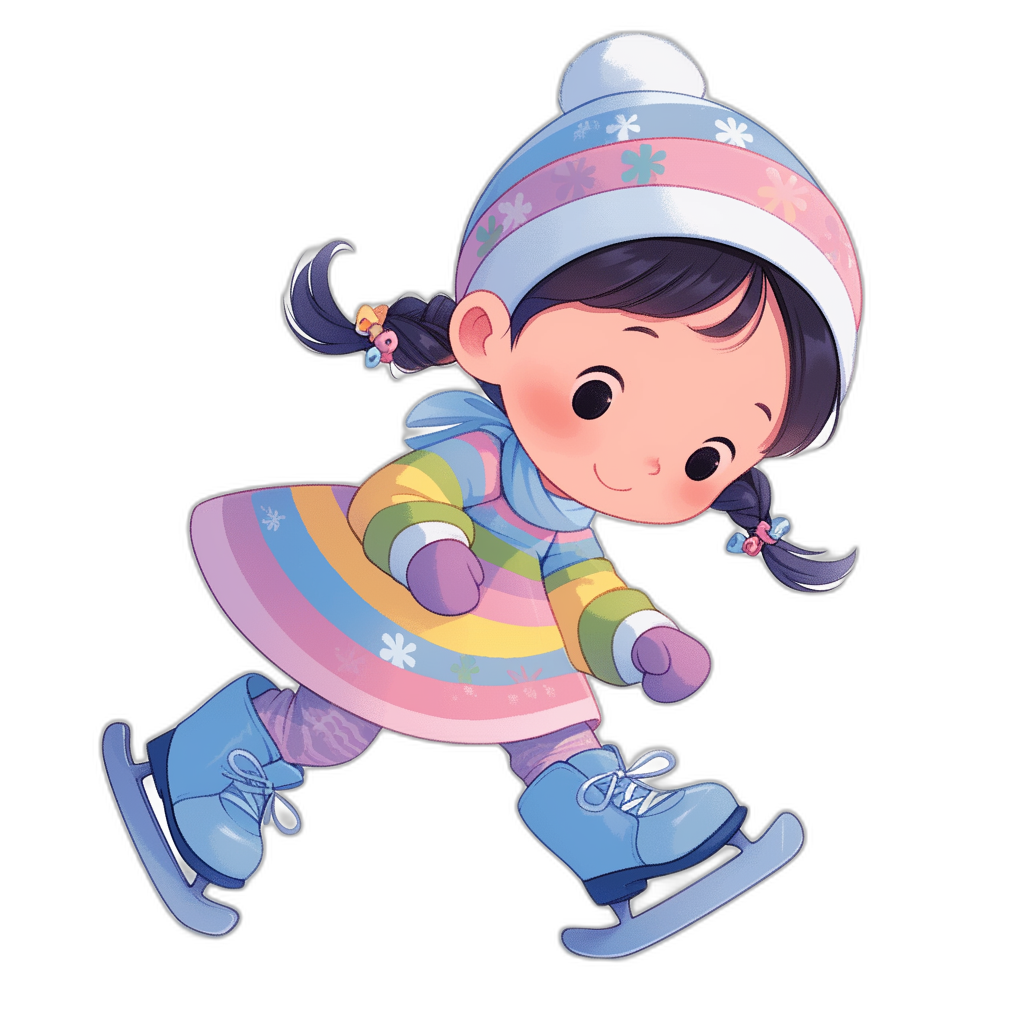 Cute cartoon girl ice skating, wearing colorful winter dress and hat, vector illustration on black background, no shadows, high resolution, no text in the picture