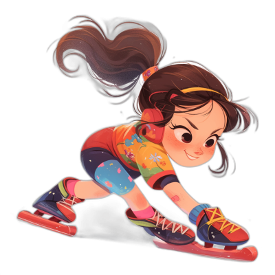 A cute girl is playing roller skating in a vector illustration with a black background in the style of Disney Pixar. She has brown hair and wears colorful . The perspective shows her from the side as she skates forward on wheels, wearing sneakers. Her expression exudes joy and excitement while sliding across an indoor track. Digital art.