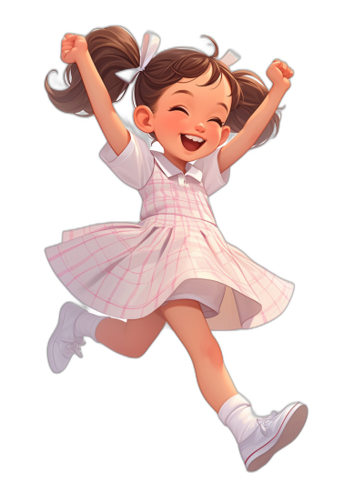 Cute girl, happy expression, white shoes on her feet, pink plaid skirt and short sleeves, hands raised in the air, jumping up, smiling face, simple hair style with two ponytails, full body portrait, solid black background, in the style of Disney Pixar illustration.