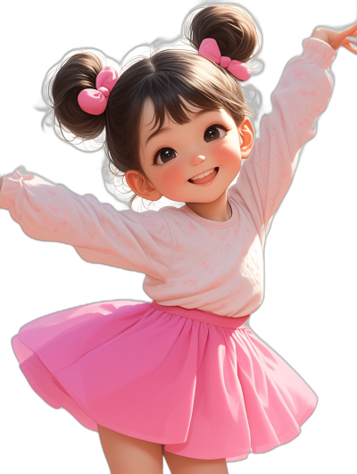 Cartoon character design of a cute little girl wearing a pink skirt and white long-sleeved top with pigtails dancing happily against a black background, in the style of Disney, 3D rendered with high resolution and detail.