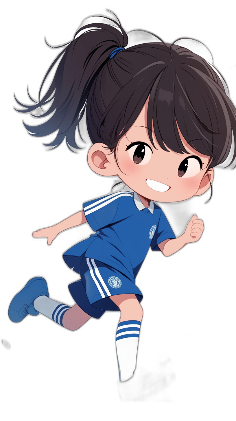 chibi style, dark haired girl with ponytail and bangs wearing a blue soccer uniform running and smiling on a black background in the style of an anime artist.