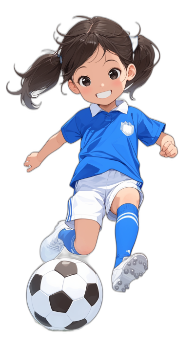 A little girl wearing a blue and white football uniform, with a smiling expression and black hair in pigtails, is kicking a ball to play soccer with her feet. The background is a pure black background. In the style of anime. A full body shot. She wears long socks and shoes, all in a blue color. In the style of a chibi anime character.