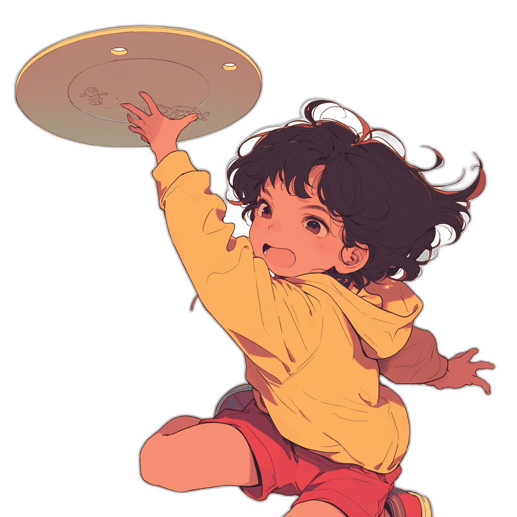 A cute little girl is playing frisbee, anime style, simple drawing style, black background, simple lines, flat color blocks, flat illustration, front view, yellow sweater and red shorts, hands raised above head to catch the Fr Herbal flying saucer. She has curly hair with bangs, brown eyes, smiling expression, chubby face, black short curly hairs, high definition, high resolution, high detail, high quality, best details, high picture quality