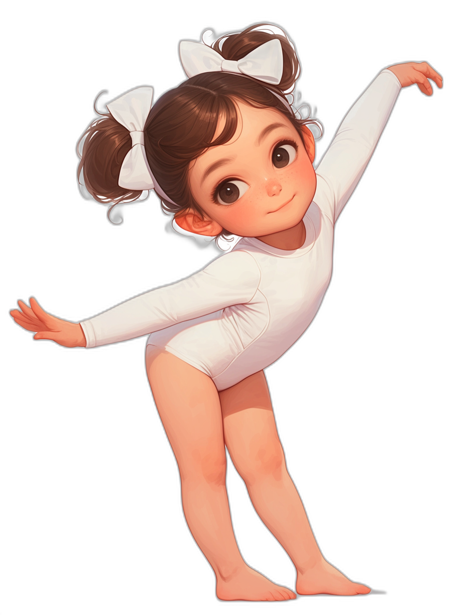 Cute little girl in white leotards, doing gymnastics on a black background, in an anime style, in the style of Disney cartoons, chibi, full body shot, head to toe, detailed skin with clear eyes and dark brown hair, detailed drawing, in the style of Pixar character design, high resolution, high quality, high detail, digital art, cute, kawaii, hyper realistic, masterpiece, trending pixiv fanbox in the style of [Artgerm](https://goo.gl/search?artist%20Artgerm) and [Loish](https://goo.gl/search?artist%20Loish)