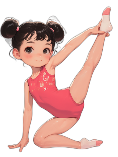 Cute little girl gymnast, cartoon style, red leotards, black background, cartoon drawing, Disney Pixar style, cute face with pigtails and big eyes doing leg split pose, black hair in two buns on the head, full body portrait, high quality, high resolution, anime art style, anime aesthetic