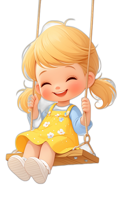 Cute blonde girl with pigtails smiling and sitting on the swing, wearing a yellow dress and white shoes against a black background, in the chibi style, colorful cartoon vector art, high resolution digital painting with sharp focus and no blur.