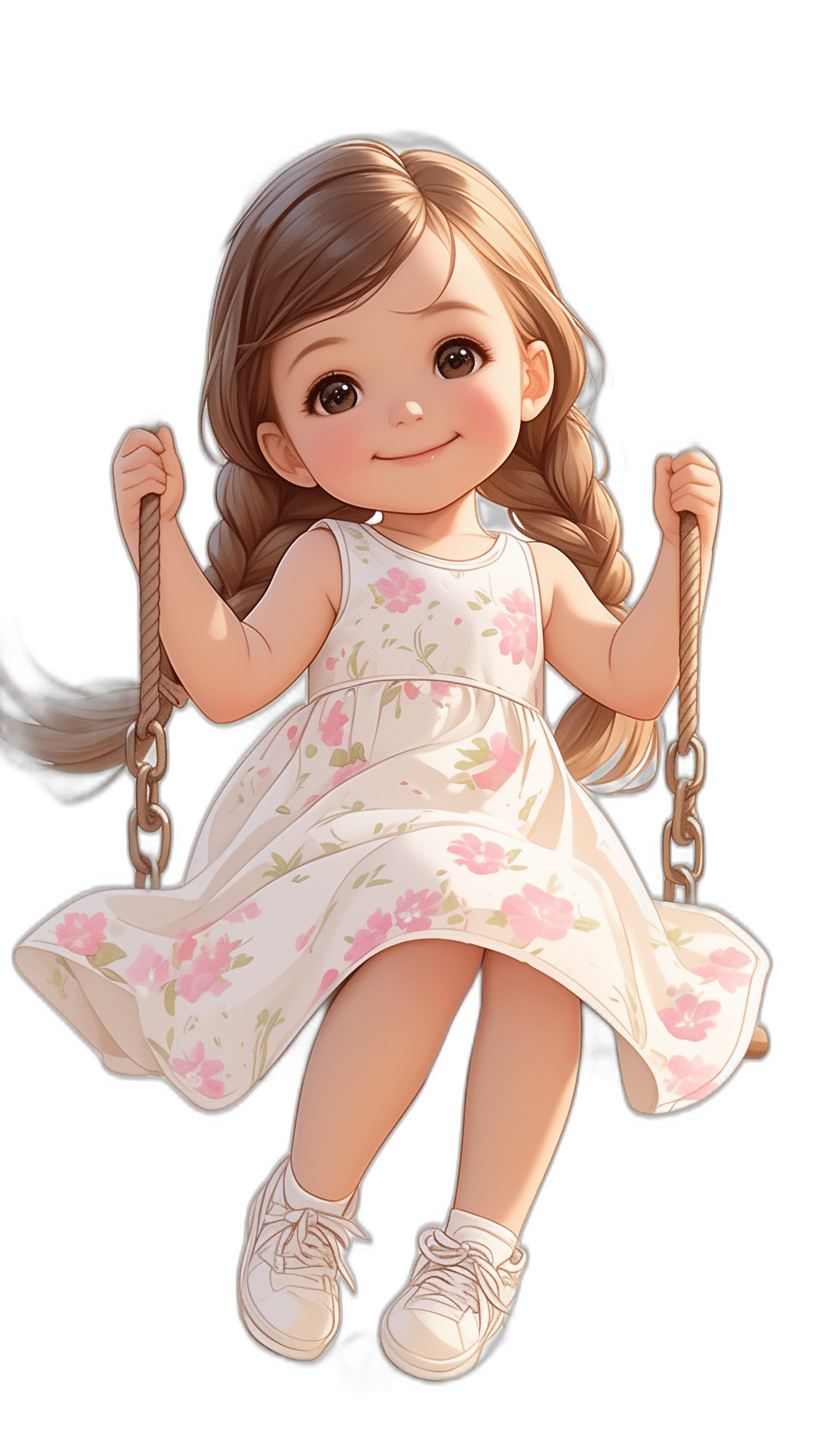 A cute little girl in white shoes and pink floral dress is sitting on the swing, smiling happily. Her hair has long braids with brown eyes. She wears a black background, flat illustration style, highdefinition resolution, and a closeup of her upper body. The background color should be pure black to highlight details.,,in