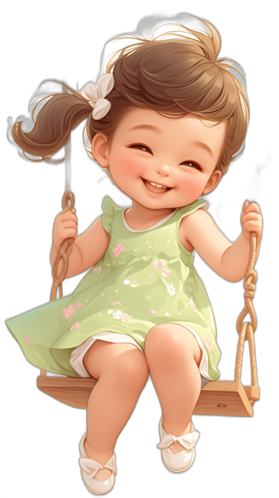 A cute baby girl wearing a green dress with pink flowers, smiling and sitting on the swing. In the style of Chinese style, in , with a black background, in the style of 2d game art, with pixar character styles, white shoes.