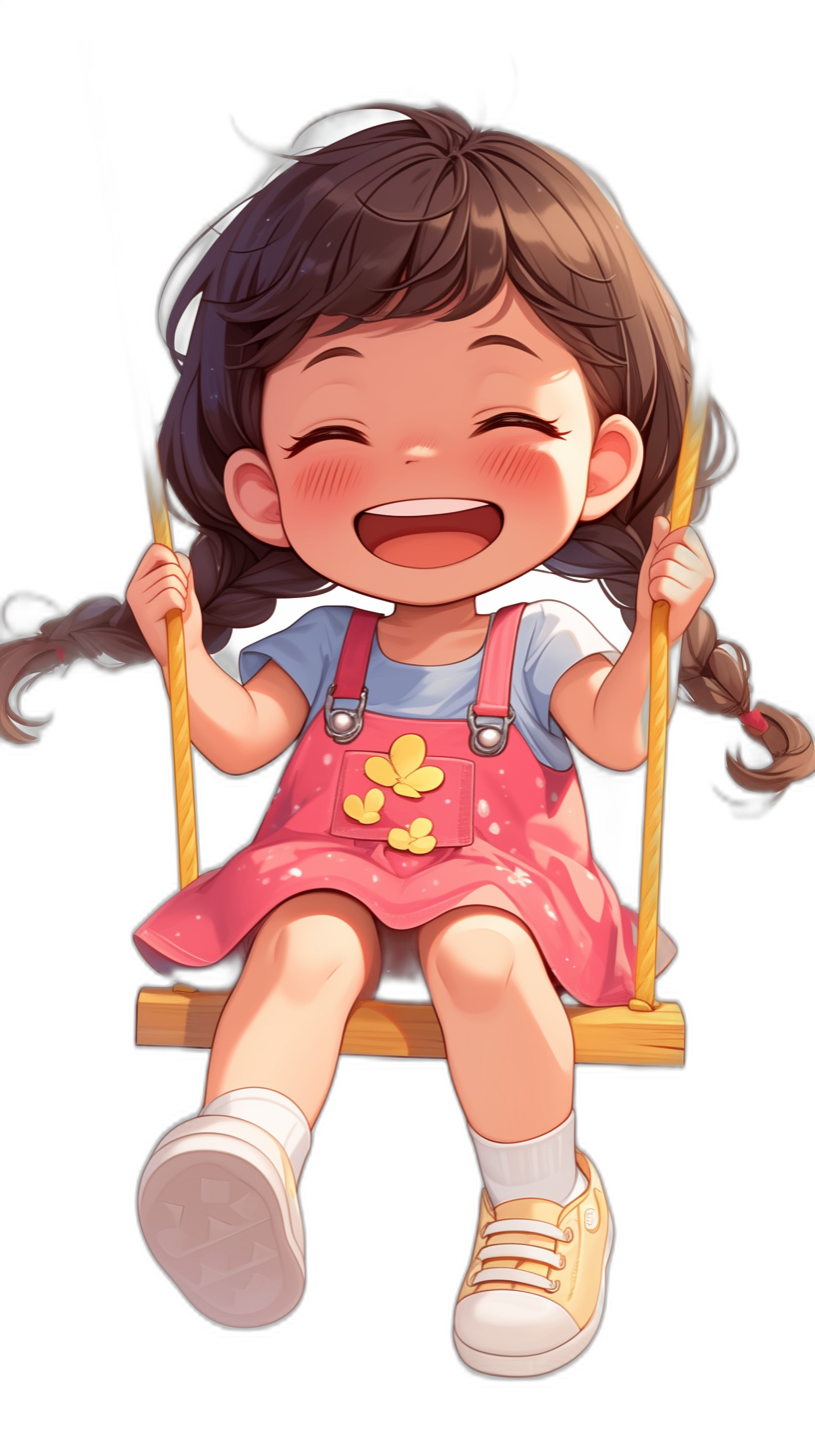 A cute little girl sitting on the swing, laughing happily with her hands tied to one side of her head and wearing pink short sleeves, white shoes, on a black background. The simple illustration style uses simple lines in an anime art style like a Qversion cartoon character. It has a high definition resolution and is high quality with high detail. A smiling expression is seen on her face. The color scheme features brown hair and dark eyes. She has two braids. She wears sneakers. It’s a full body portrait in the style of Qversion’s cartoon characters.